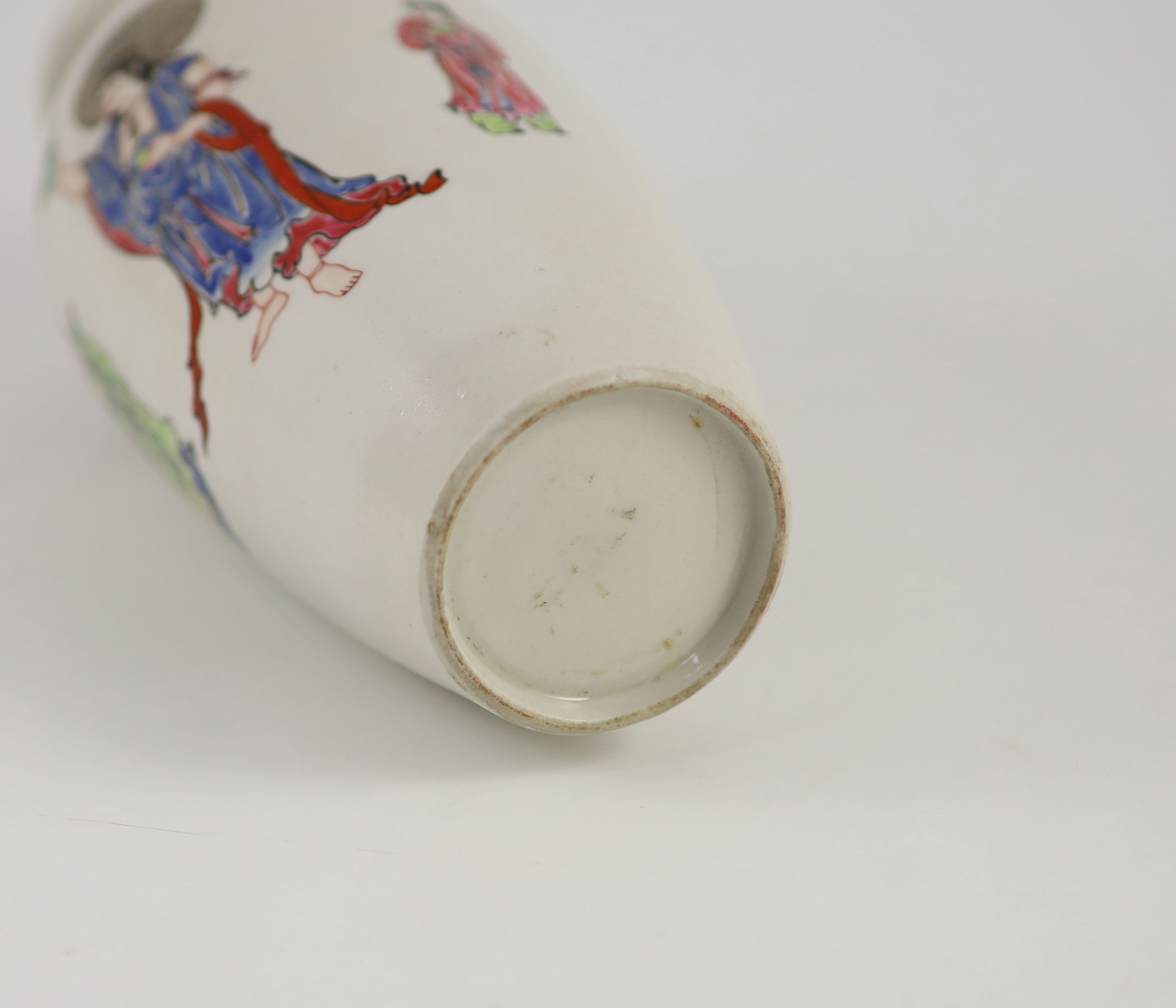 An unusual Worcester polychrome enamelled vase, c.1755-60, 24cm high, cracked, rim faults